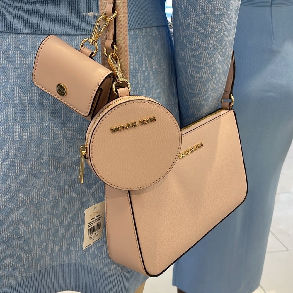 MICHAEL KORS Jet Set Saffiano Leather Crossbody Bag with Case for Apple AirPods - Picture 15 of 16
